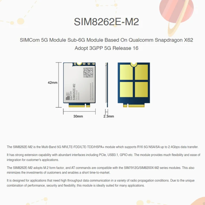 SIMCom Wireless Solutions SIM8262E-M2 5G sub-6G R16 5G NR NSA/SA module, Multi band, Europe EMEA – Bild 2